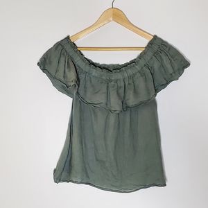 Young Broke and Fabulous 100% Linen green off the shoulder top Size Small